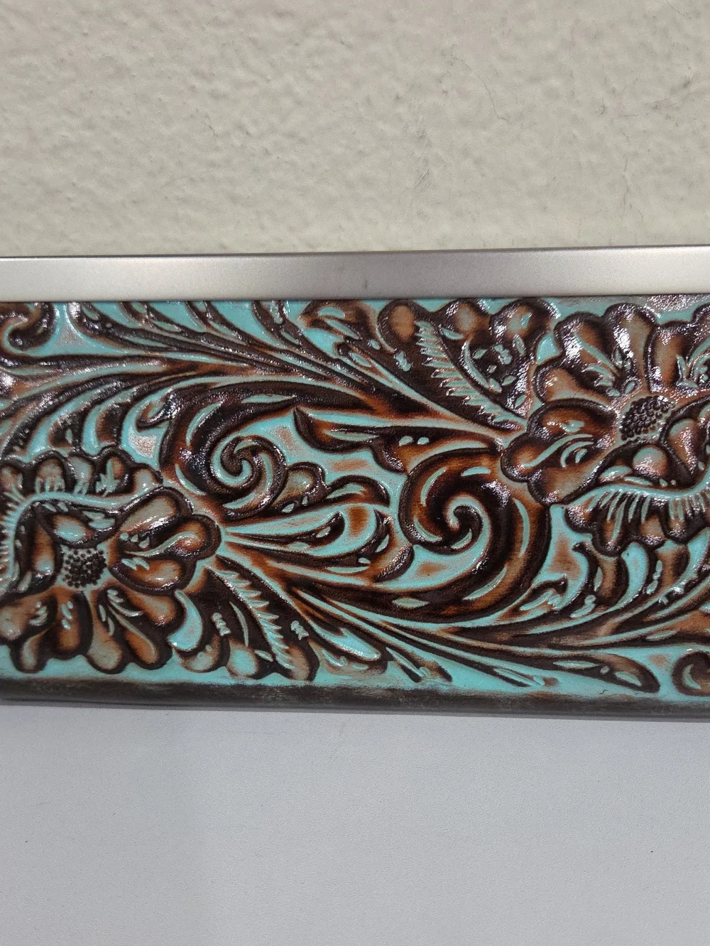 Patricia Nash Tooled Floral Leather Clutch Wallet in Turquoise and Brown
